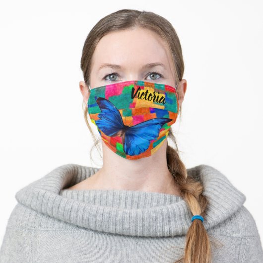 Blue Butterfly, Colorful, Personalized Face Mask (Worn)
