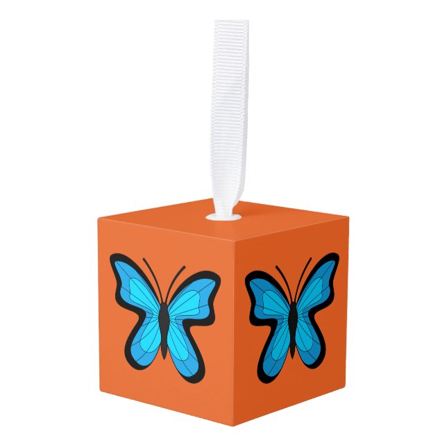 Blue Butterfly Cube Ornament (Front Angled)