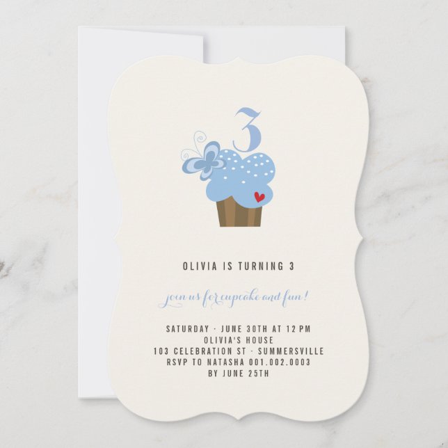 Blue Butterfly Cupcake Girl Birthday Party Invite (Front)