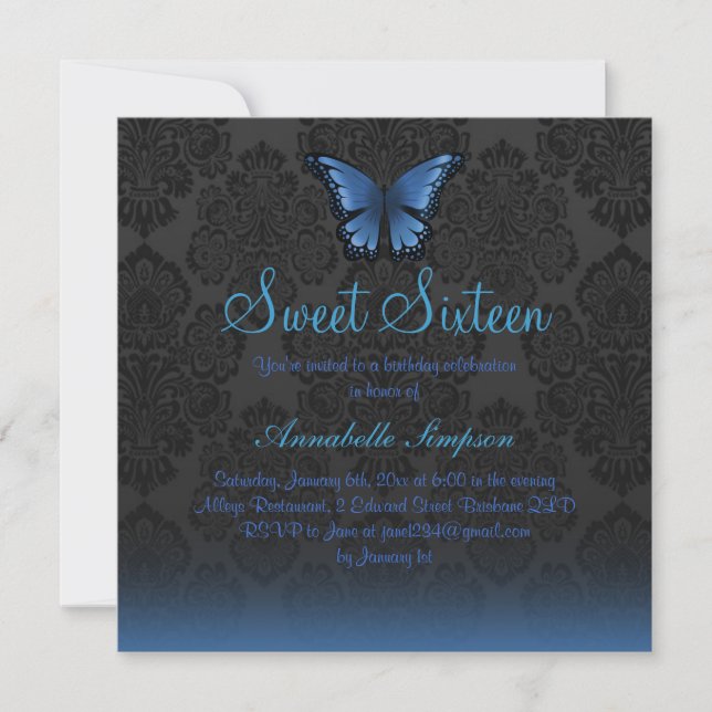 Blue Butterfly & Damask Sweet16 Invite (Front)