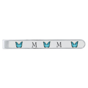 Blue Butterfly Design Monogrammed Silver Finish Tie Bar