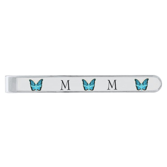 Blue Butterfly Design Monogrammed Silver Finish Tie Bar (Front)