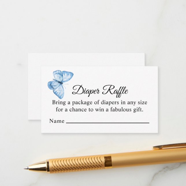 Blue Butterfly Diaper Raffle, Boy Baby Shower Enclosure Card (Front/Back In Situ)