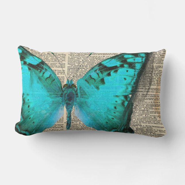 Blue butterfly, dictionary page, decorative lumbar pillow (Front)