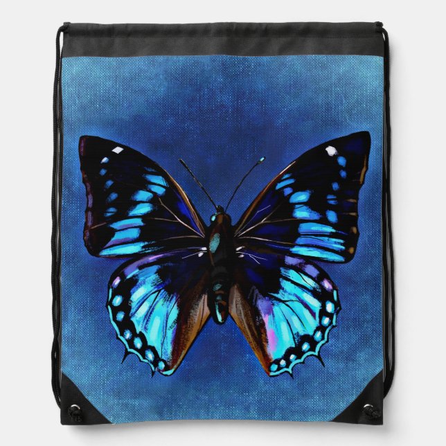 Blue Butterfly Drawstring Backpack (Front)