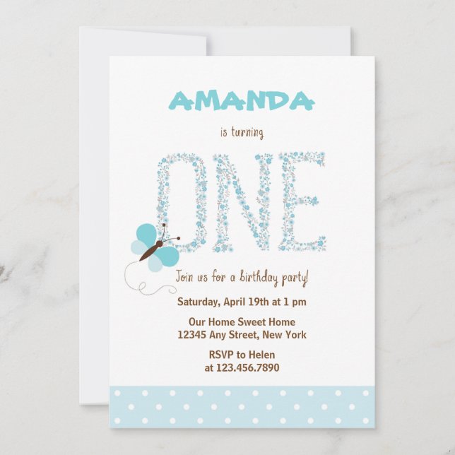 Blue Butterfly First Birthday Invitation (Front)