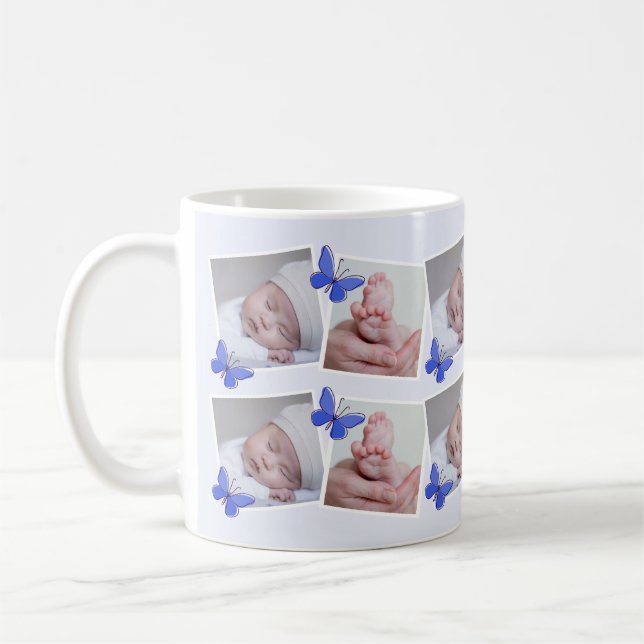 Blue Butterfly First Year Baby Photo Collage   Coffee Mug (Left)