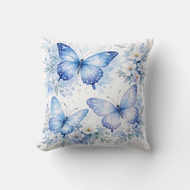 Blue Butterfly Floral Arrangement Throw Pillow (Front)
