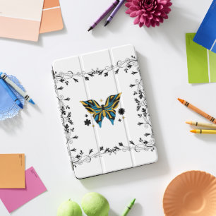 Blue Butterfly Floral Art - Whimsical Fluttering iPad Pro Cover