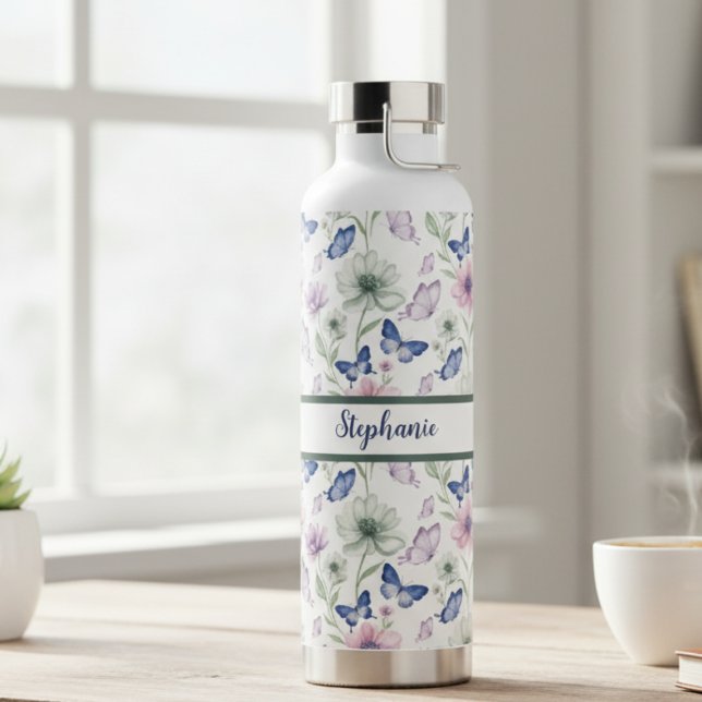 Blue Butterfly Floral Bottle – Soft Garden Gift (Butterfly floral water bottle)