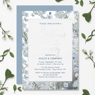Blue Butterfly Floral Corporate Christmas Party Foil Invitation