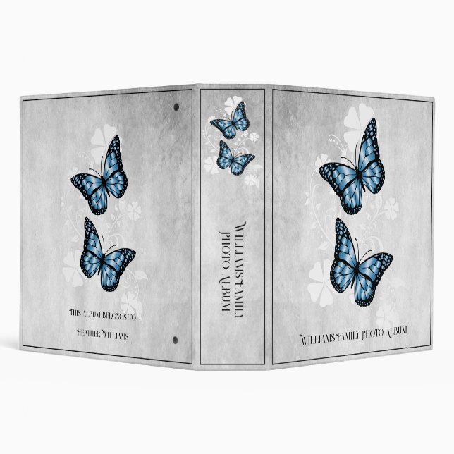 Blue Butterfly Floral Family Photo Album 3 Ring Binder (Background)