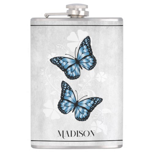 Blue Butterfly Floral Flask