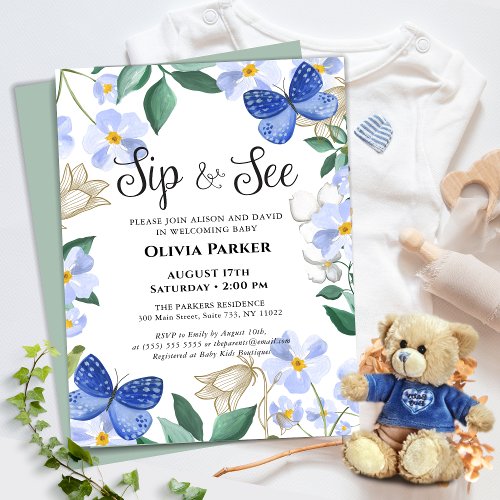 Blue Butterfly Floral Foliage Baby Boy SIP AND SEE Invitation