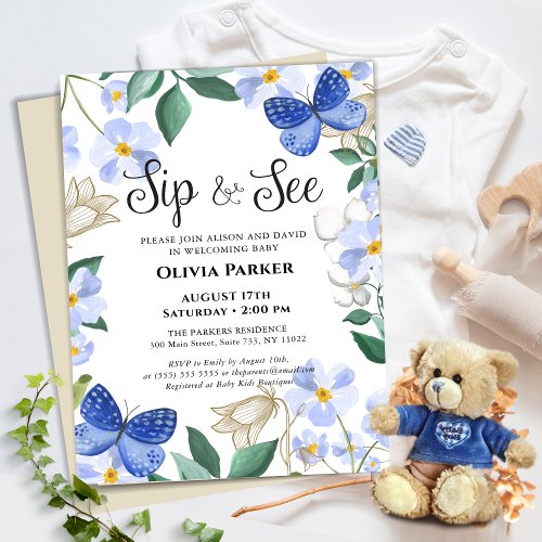 Blue Butterfly Floral Foliage Baby Boy SIP AND SEE Invitation