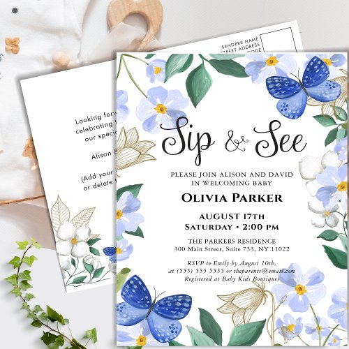 Blue Butterfly Floral Foliage Baby Boy SIP AND SEE Invitation Postcard