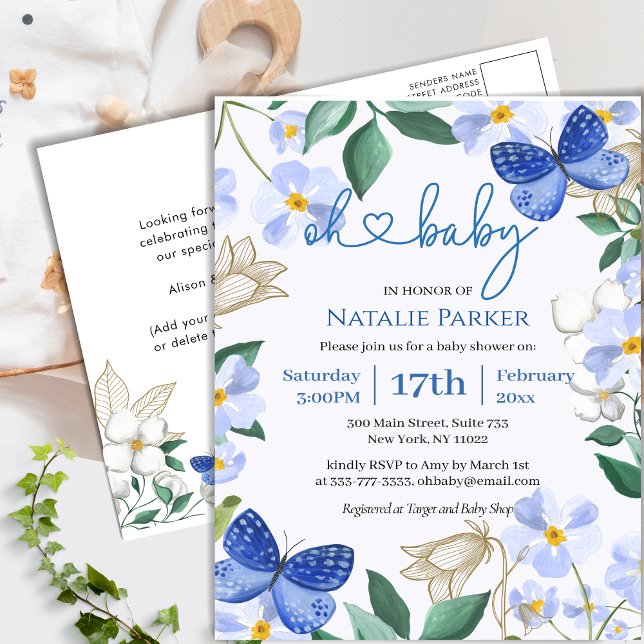 Blue Butterfly Floral Foliage Boy Baby Shower Invitation Postcard (Creator Uploaded)