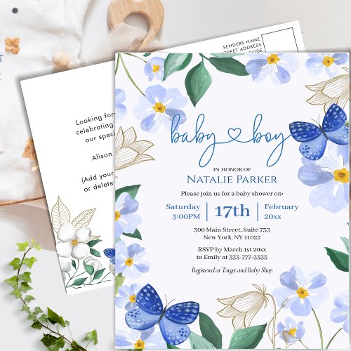 Blue Butterfly Floral Foliage Boy Baby Shower Invitation Postcard