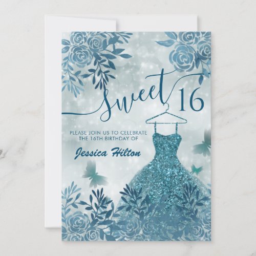 Blue Butterfly floral garden dress sweet sixteen I Invitation