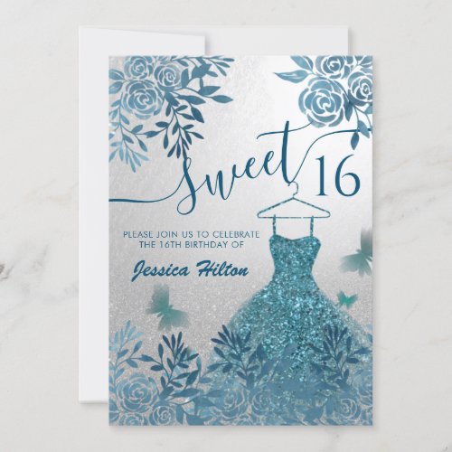 Blue Butterfly floral garden dress sweet sixteen I Invitation