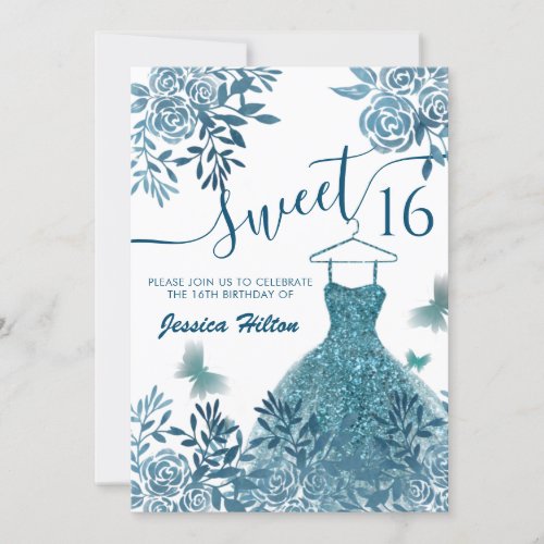 Blue Butterfly floral garden dress sweet sixteen Invitation
