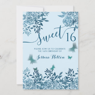 Blue Butterfly floral garden sweet sixteen Invitat Invitation