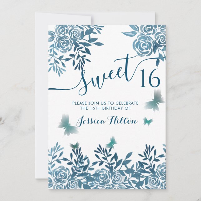 Blue Butterfly floral garden sweet sixteen Invitation (Front)