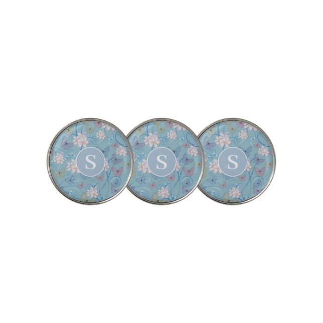 Blue Butterfly Floral Monogram  Golf Ball Marker (3 Up)