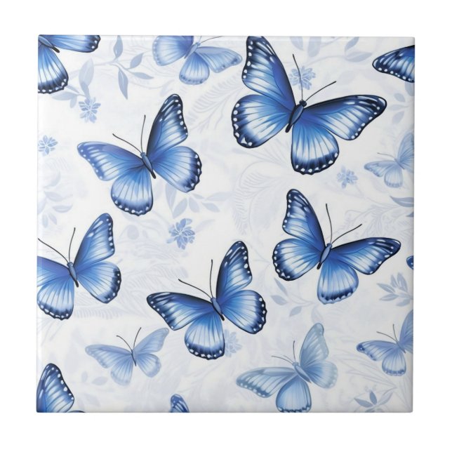 Blue Butterfly Floral Pattern Ceramic Tile (Front)
