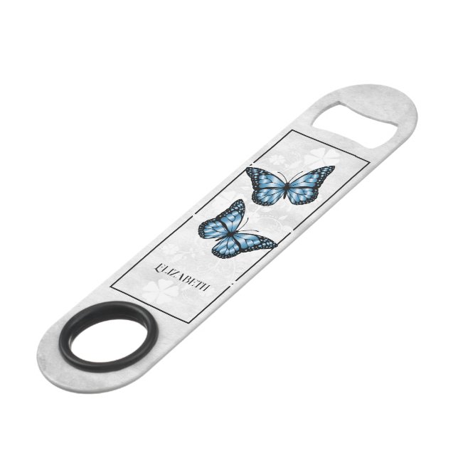 Blue Butterfly Floral Personalized Bar Key (Front Angled)