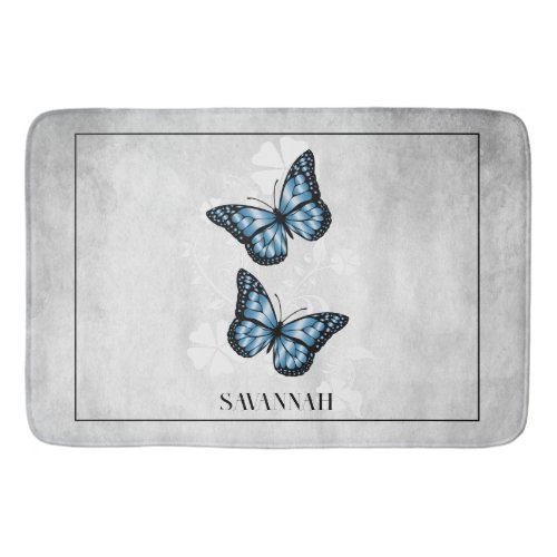 Blue Butterfly Floral Personalized Bath Mat