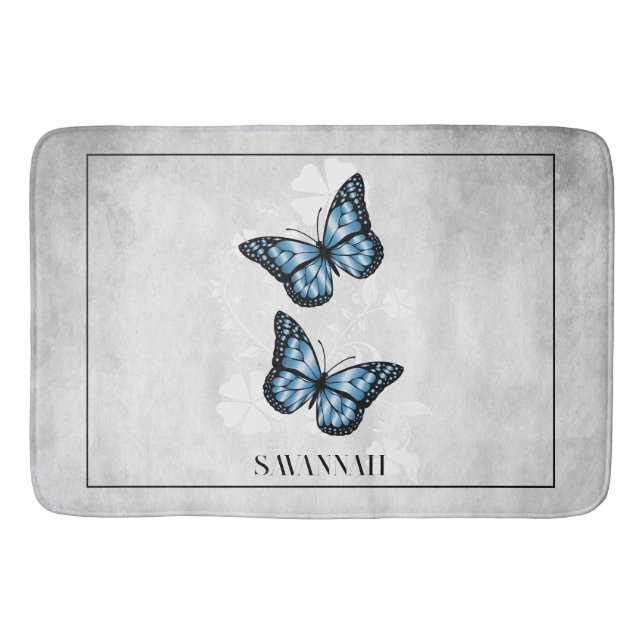 Blue Butterfly Floral Personalized Bath Mat (Front)