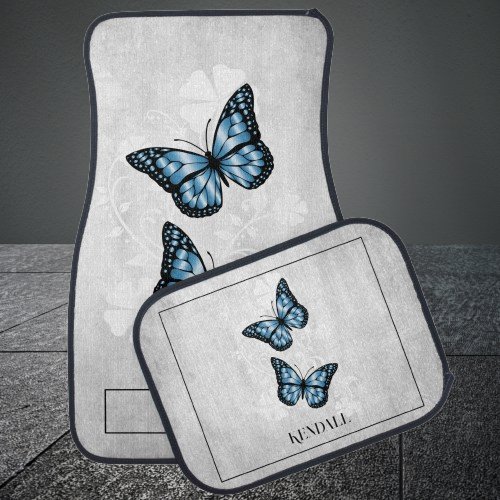 Blue Butterfly Floral Personalized Car Floor Mat