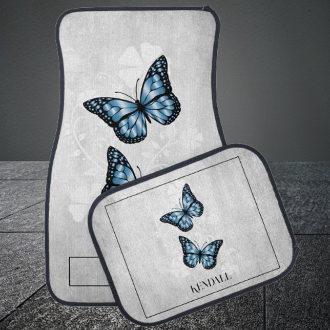 Blue Butterfly Floral Personalized Car Floor Mat (Blue Butterfly Floral Personalized Car Mats)