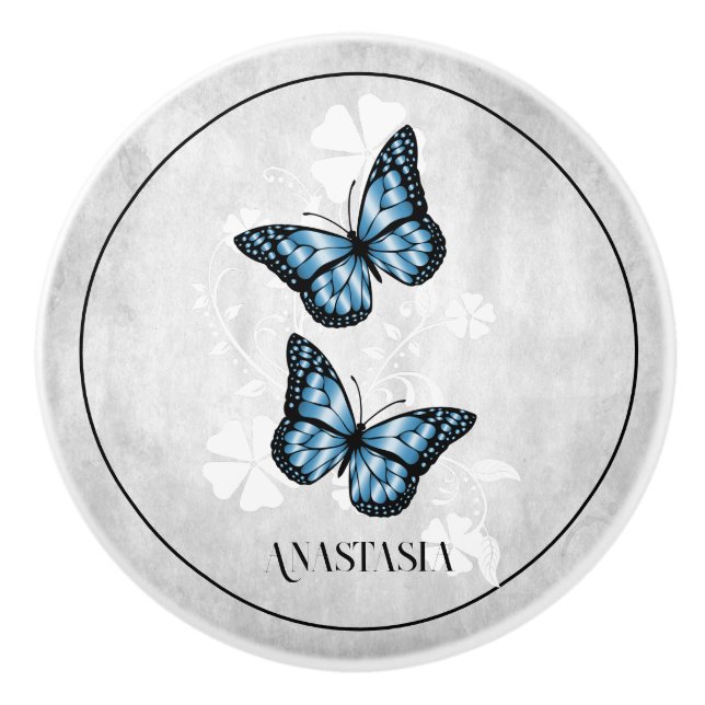 Blue Butterfly Floral Personalized Ceramic Knob (Front)