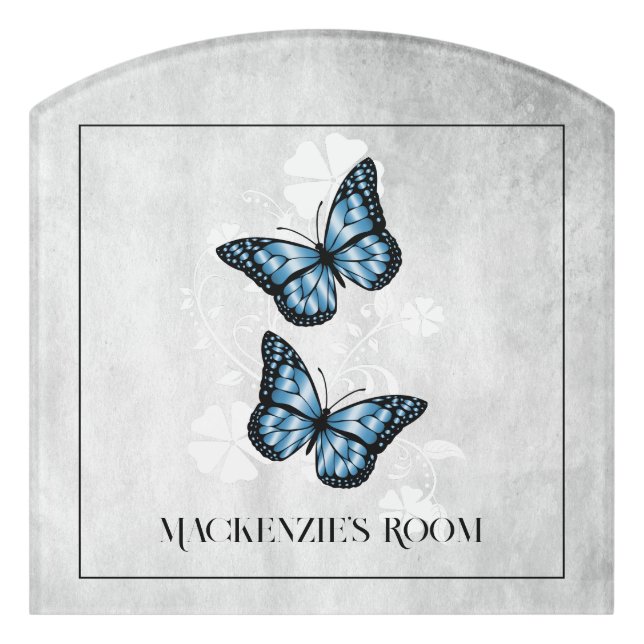Blue Butterfly Floral Personalized Door Sign (Contour Front)