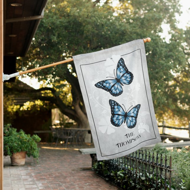 Blue Butterfly Floral Personalized House Flag (In SItu)
