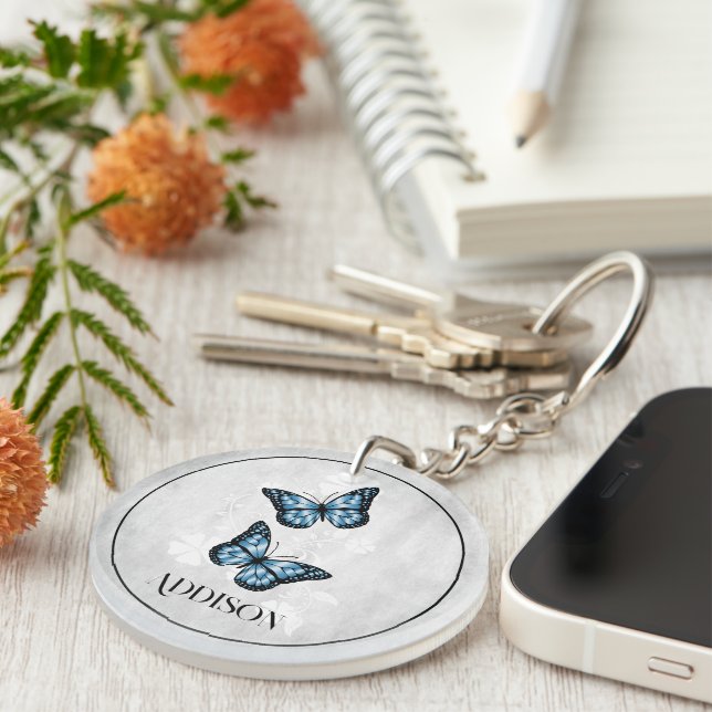 Blue Butterfly Floral Personalized Keychain (Front Right)