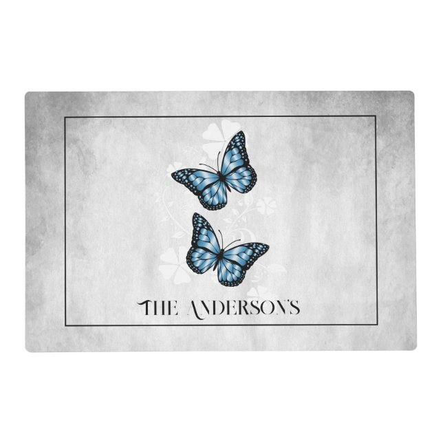 Blue Butterfly Floral Personalized Placemat (Front)