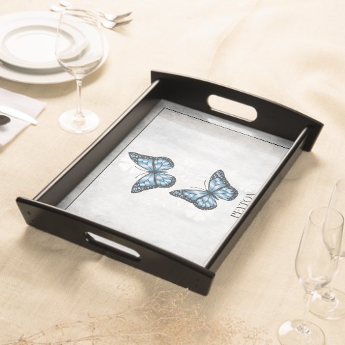 Blue Butterfly Floral Personalized Serving Tray