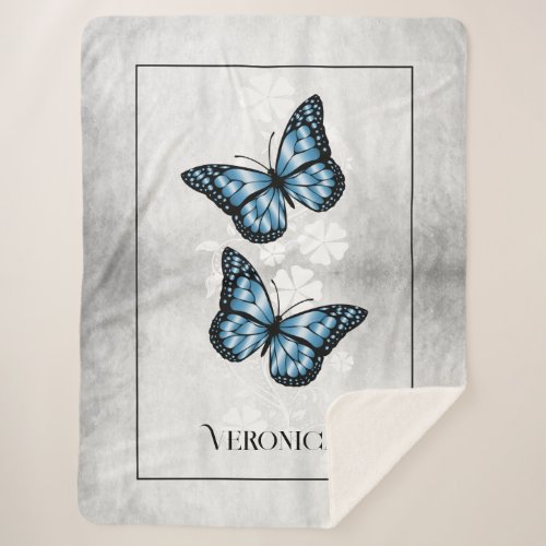 Blue Butterfly Floral Personalized Sherpa Blanket