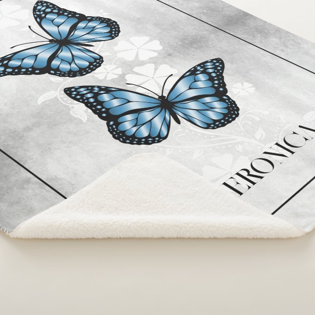 Blue Butterfly Floral Personalized Sherpa Blanket (3/4)