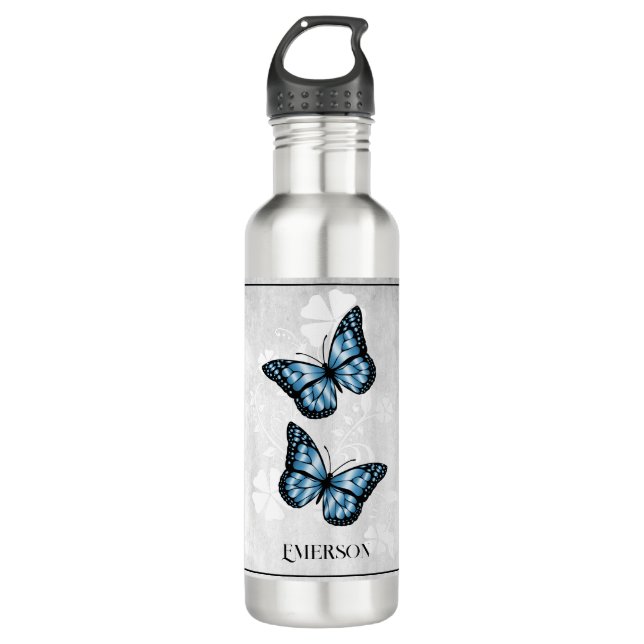 Blue Butterfly Floral Personalized Stainless Steel Water Bottle (Front)