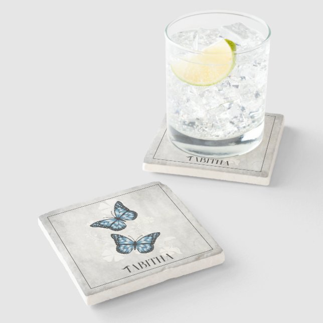 Blue Butterfly Floral Personalized Stone Coaster (Side)