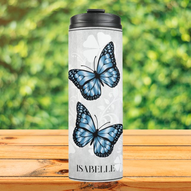 Blue Butterfly Floral Personalized Thermal Tumbler (Blue Butterfly Floral Personalized Thermal Tumbler)