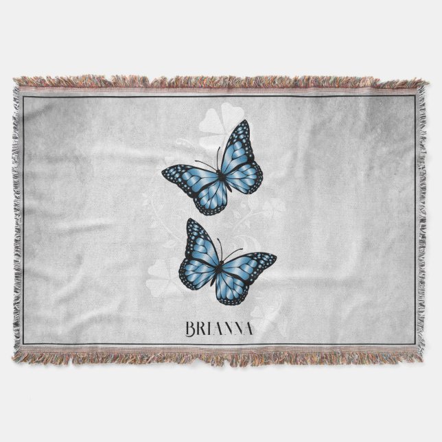 Blue Butterfly Floral Personalized Throw Blanket (Front)