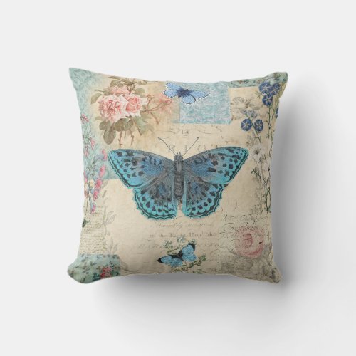 Blue Butterfly Floral Script Ephemera Cottagecore Throw Pillow