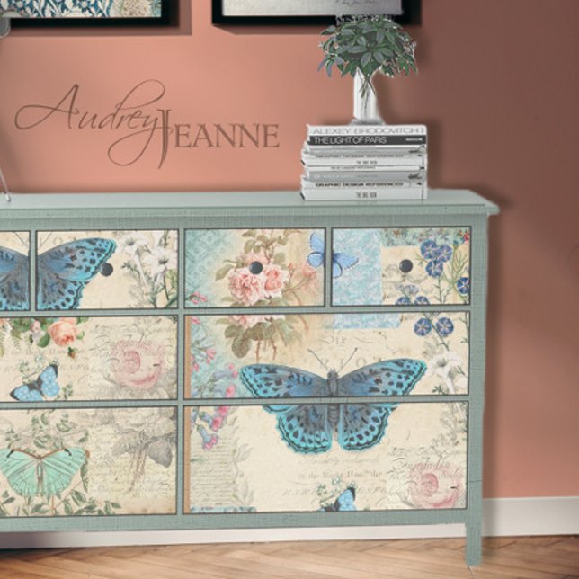 Blue Butterfly Floral Script Ephemera Decoupage Tissue Paper (Creator Uploaded)