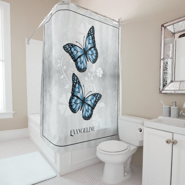 Blue Butterfly Floral Shower Curtain (In Situ)