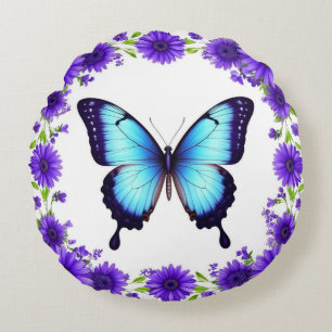 Blue Butterfly Floral Spring Garden Purple Flowers Round Pillow